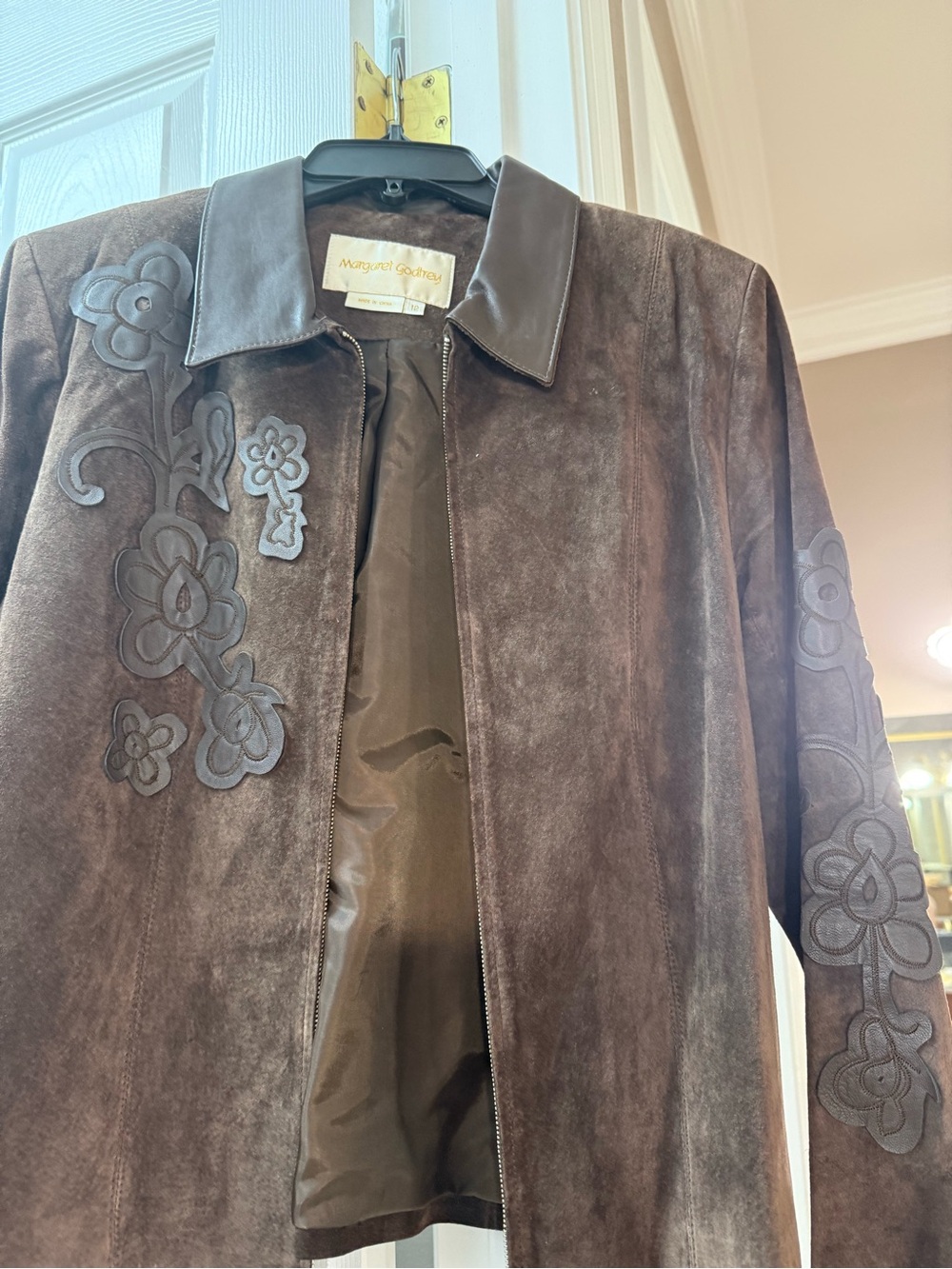 Brown Suede Floral Appliqué Leather-Trim Jacket